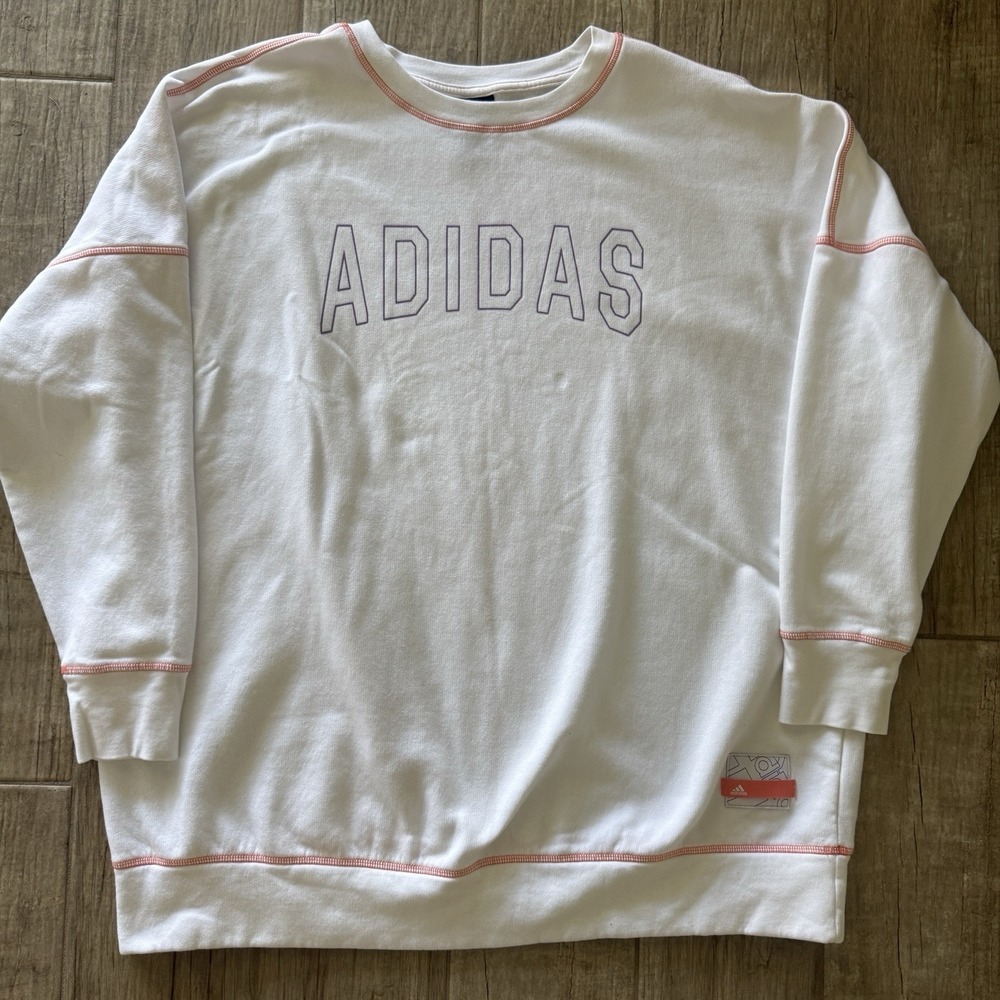 Adidas Sport Statement Boyfriend Crew Sweatshirt White Pink Women's XL Excellent
